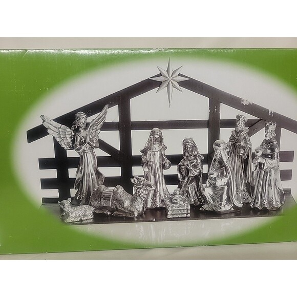 9 Piece antique Silver nativity with wood Creche Christmas  in Original Open Box - Picture 2 of 15